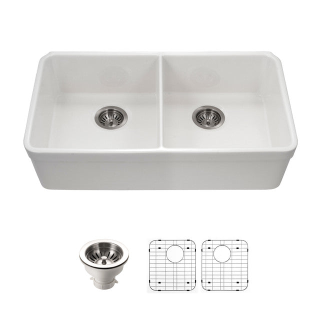 Houzer Platus 32 inch White Fireclay Undermount 50/50 Double Bowl Kitchen Sink with Strainer & Grids