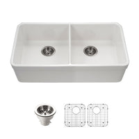 Thumbnail for Houzer Platus 32 inch White Fireclay Undermount 50/50 Double Bowl Kitchen Sink with Strainer & Grids