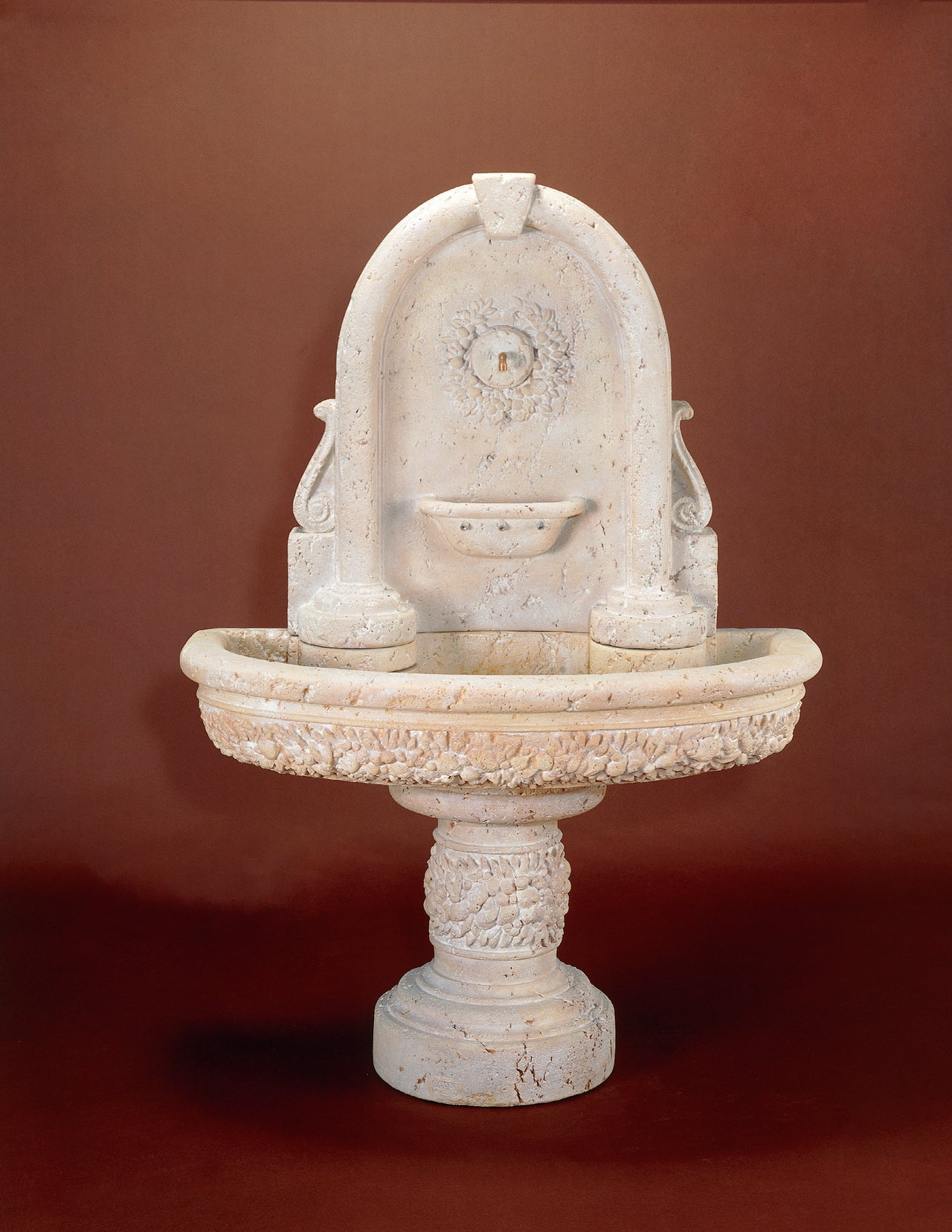 Robbiana Wall Cast Stone Outdoor Garden Water Fountain with Spout – 63"H x 44"W – Ornate European-Inspired Wall Feature