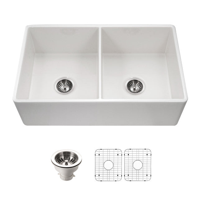 Houzer Platus 33 inch White Fireclay Apron Front Farmhouse 50/50 Double Bowl Kitchen Sink with Strainer & Grids