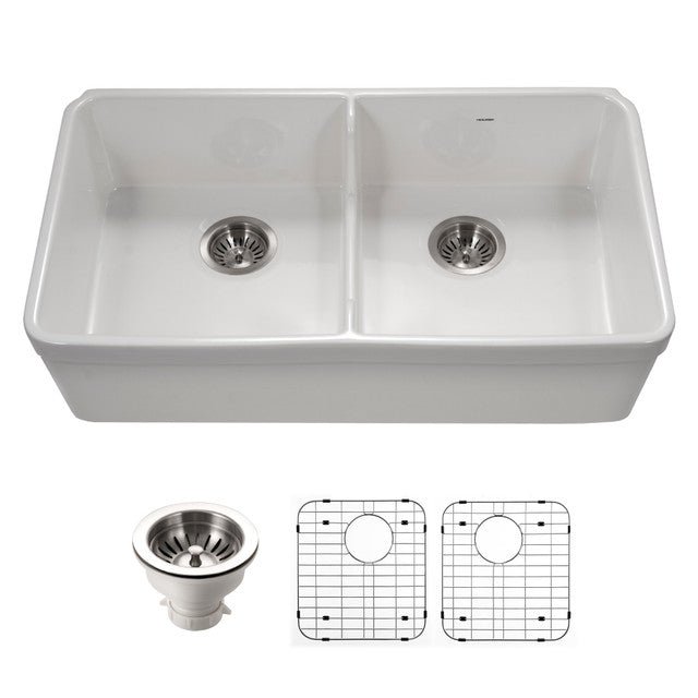 Houzer Platus 32 inch White Fireclay Apron Front Farmhouse 50/50 Double Bowl Kitchen Sink with Low Divider