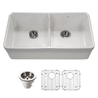 Thumbnail for Houzer Platus 32 inch White Fireclay Apron Front Farmhouse 50/50 Double Bowl Kitchen Sink with Low Divider