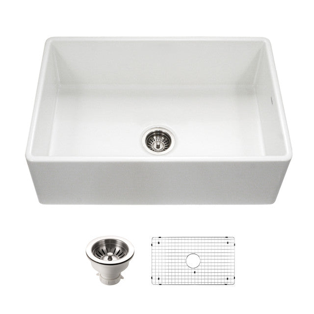 Houzer Platus 33 inch White Fireclay Apron Front Farmhouse Kitchen Sink with Strainer & Grid
