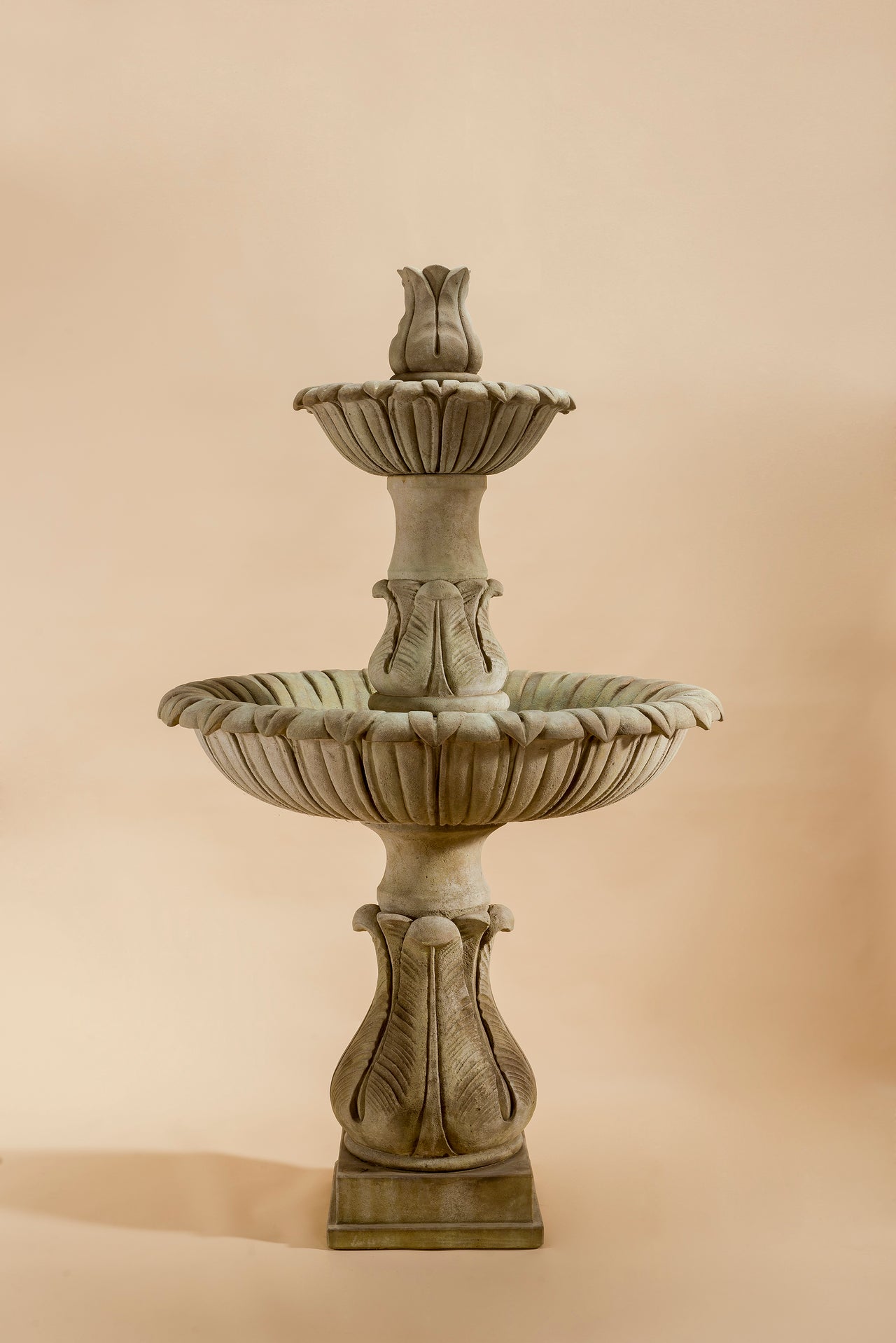 Calanthia Two-Tier Outdoor Cast Stone Garden Fountain with Acanthus Finial – Classic Elegance, Naturally Inspired