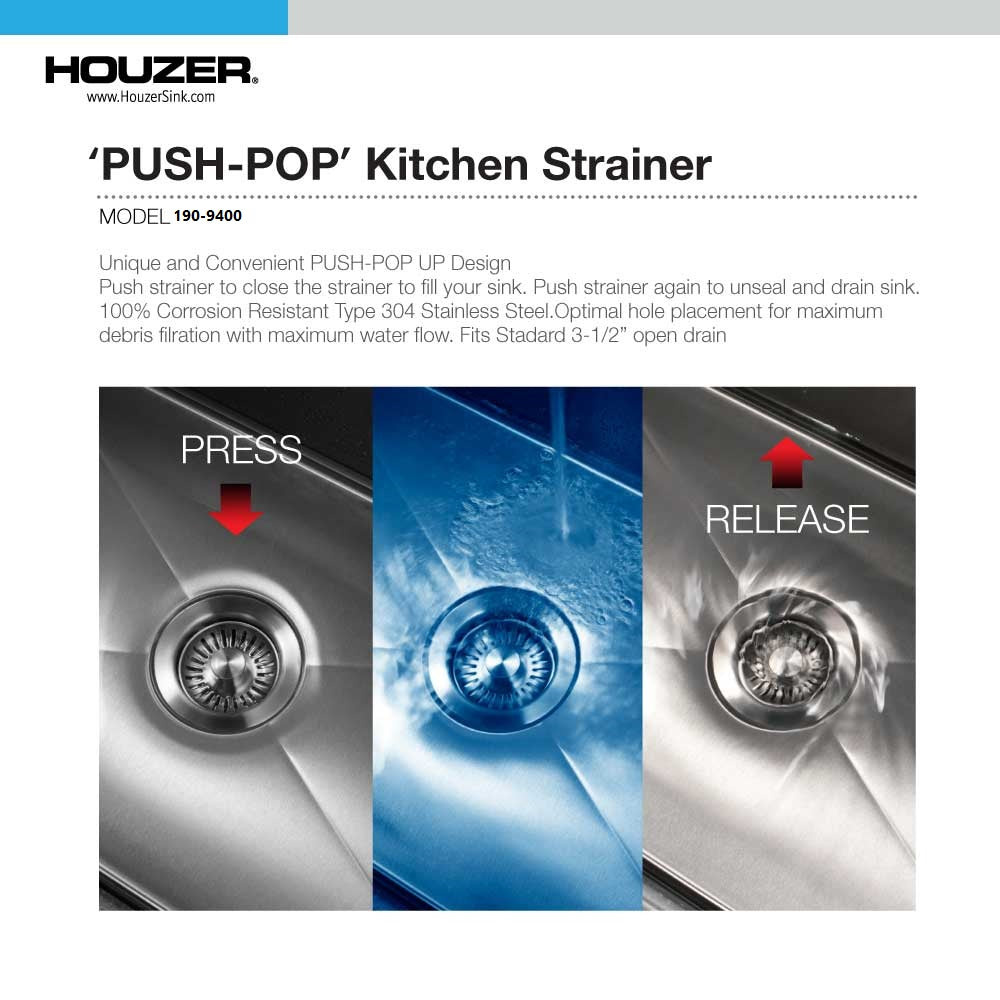 Houzer Stainless Steel 3-1/2" Pop-Up Basket Strainer with Full Drain Assembly