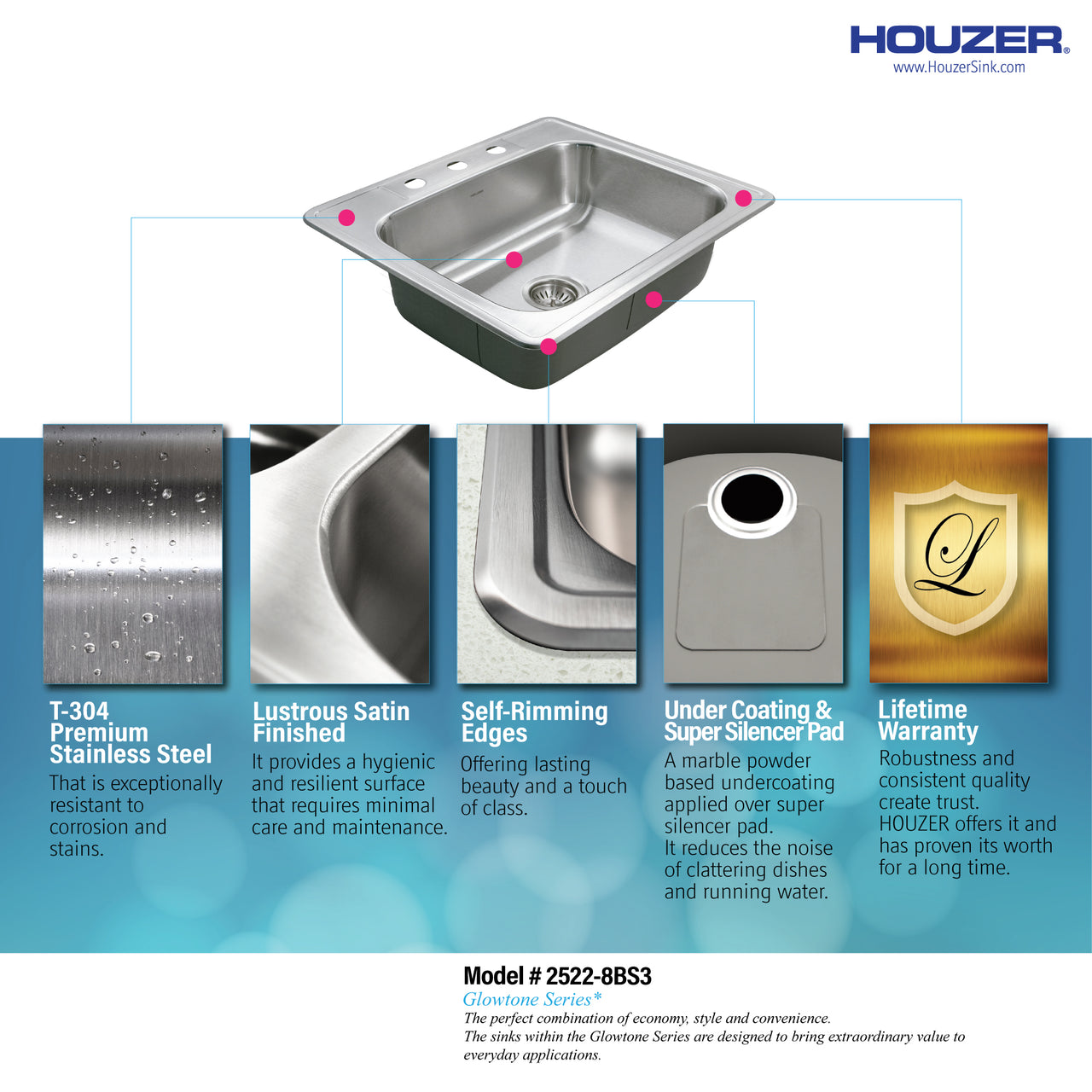 Houzer Glowtone 25 inch Stainless Steel Drop-in Topmount Single Bowl Deep Kitchen Sink
