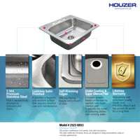 Thumbnail for Houzer Glowtone 25 inch Stainless Steel Drop-in Topmount Single Bowl Deep Kitchen Sink with Strainer