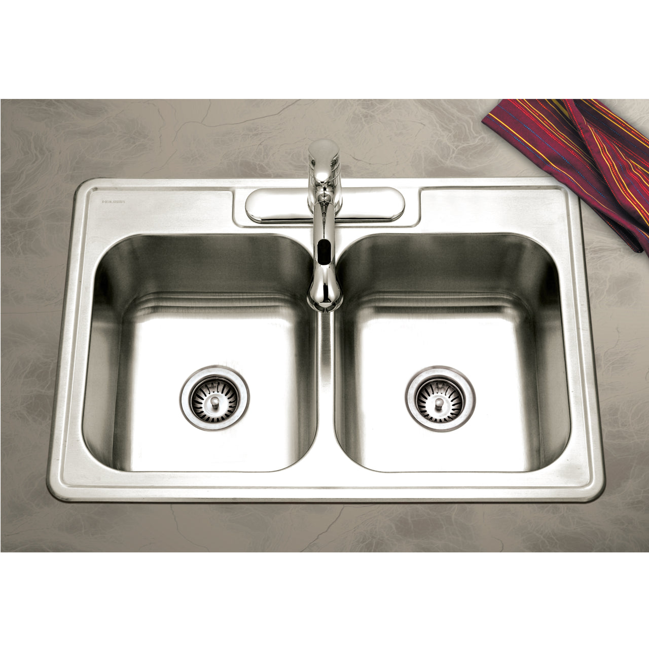Houzer Glowtone 33" Stainless Steel Drop-in Topmount 50/50 Double Bowl Deep Kitchen Sink