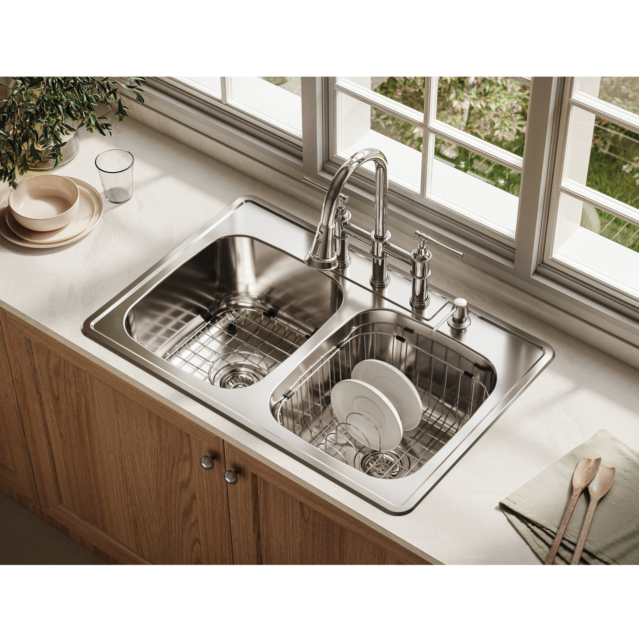 Houzer Glowtone 33" Stainless Steel Drop-in Topmount 50/50 Double Bowl Deep Kitchen Sink