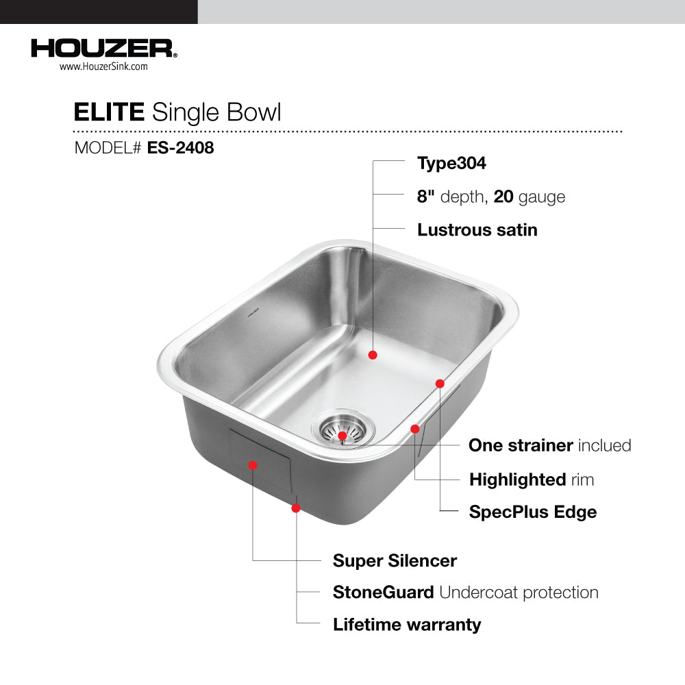 Houzer Elite 24 inch Stainless Steel Undermount Single Bowl Kitchen Sink, Nested 20-Pack