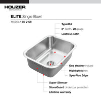 Thumbnail for Houzer Elite 24 inch Stainless Steel Undermount Single Bowl Kitchen Sink, Nested 20-Pack