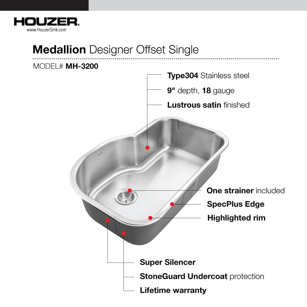 Houzer Medallion Designer 32 inch Stainless Steel Undermount Offset Single Bowl Kitchen Sink with Strainer
