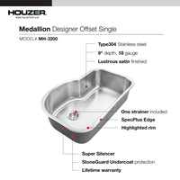 Thumbnail for Houzer Medallion Designer 32 inch Stainless Steel Undermount Offset Single Bowl Kitchen Sink with Strainer
