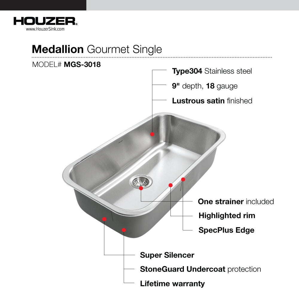 Houzer Medallion 31 inch Stainless Steel Undermount Single Bowl Kitchen Sink, Nested 20-Pack
