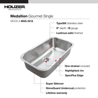 Thumbnail for Houzer Medallion 31 inch Stainless Steel Undermount Single Bowl Kitchen Sink, Nested 20-Pack