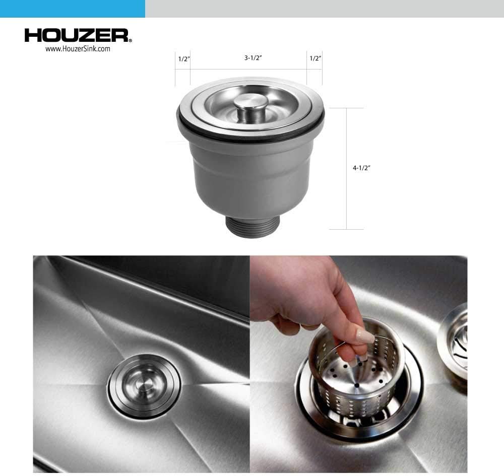 Houzer Stainless Steel 3-1/2" Deep Cup Basket Strainer with Full Drain Assembly