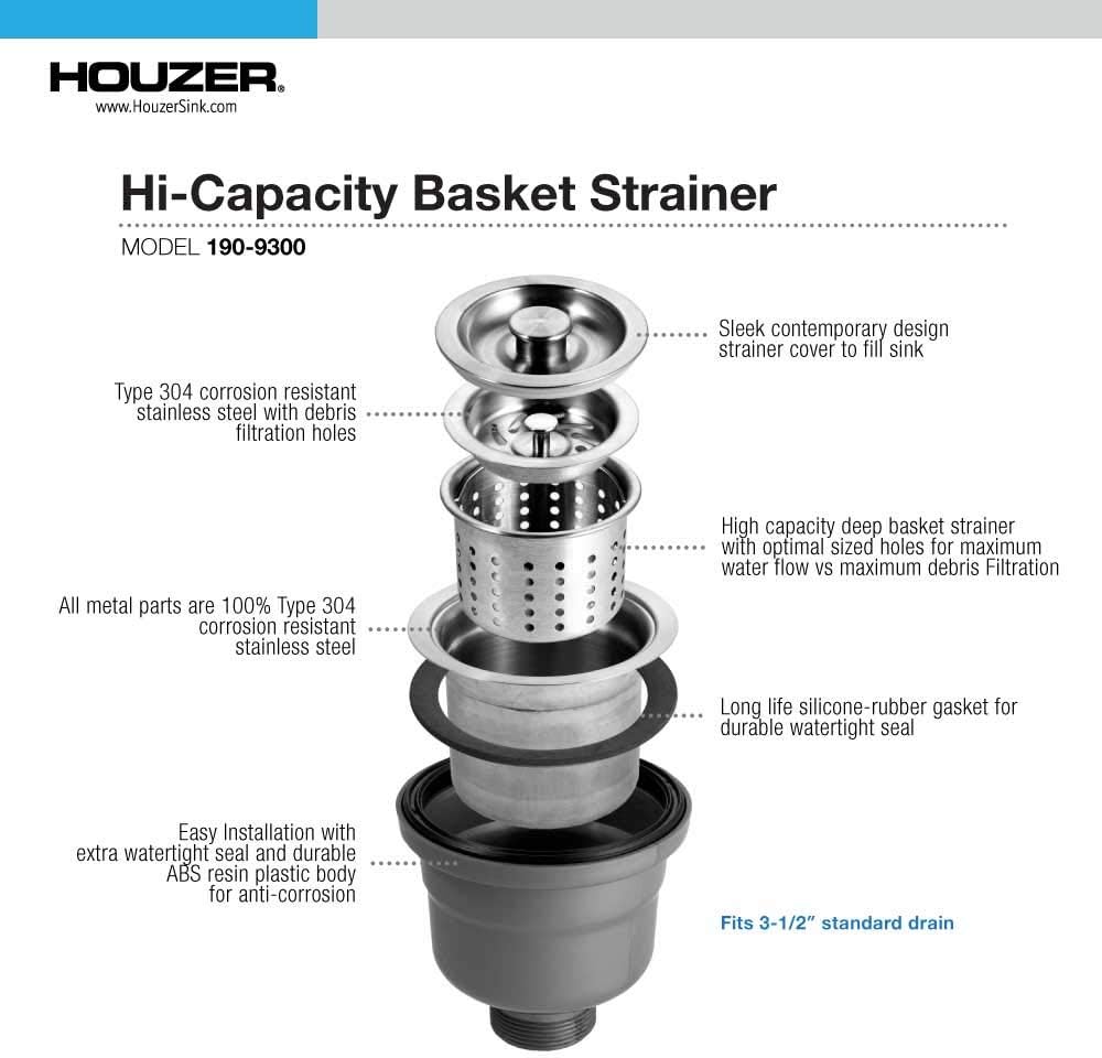 Houzer Stainless Steel 3-1/2" Deep Cup Basket Strainer with Full Drain Assembly