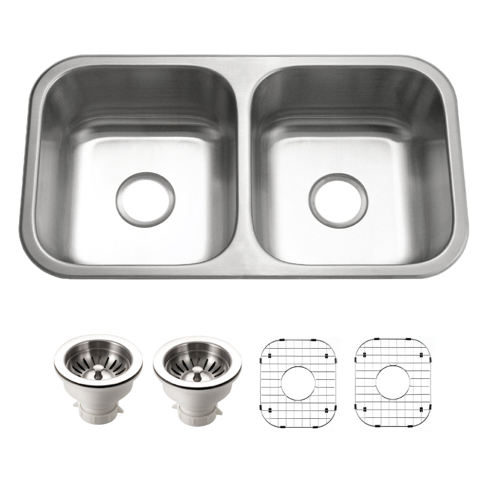 Houzer Belleo 32 inch Stainless Steel Drop-in Topmount 50/50 Double Bowl Kitchen Sink with Strainers & Grids
