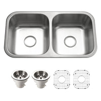 Thumbnail for Houzer Belleo 32 inch Stainless Steel Drop-in Topmount 50/50 Double Bowl Kitchen Sink with Strainers & Grids