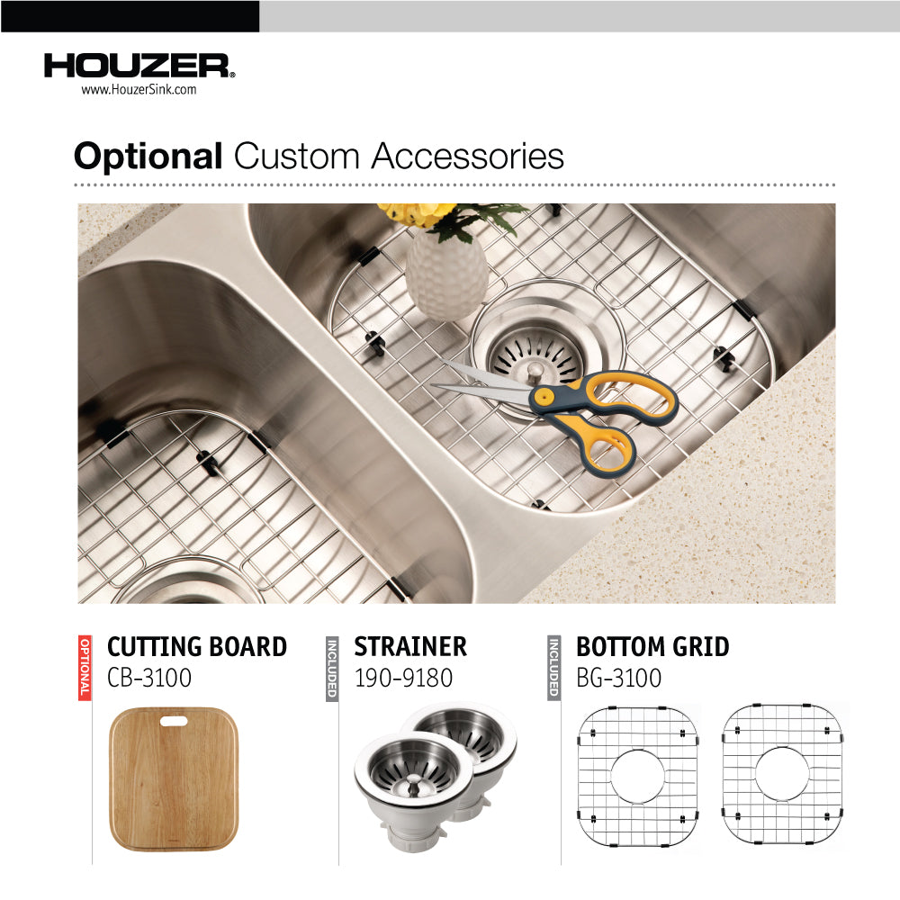Houzer Belleo 32 inch Stainless Steel Drop-in Topmount 50/50 Double Bowl Kitchen Sink with Strainers & Grids