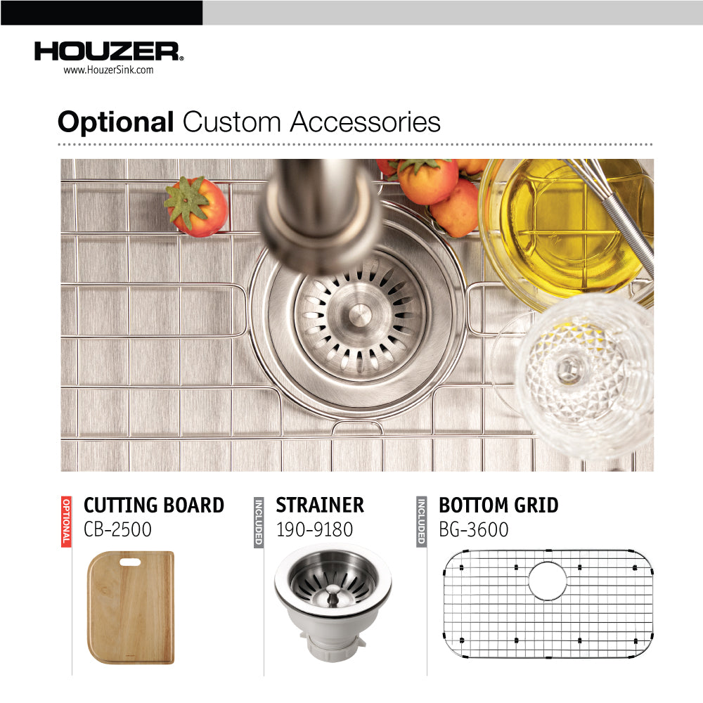 Houzer Belleo 32 inch Stainless Steel Drop-in Topmount Single Bowl Kitchen Sink with Strainer & Grid