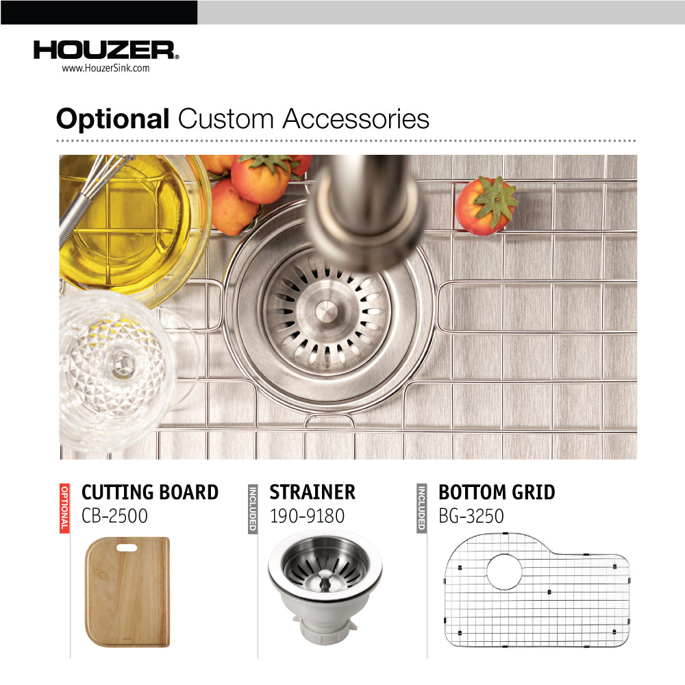 Houzer Belleo 32 inch Stainless Steel Drop-in Topmount Single Bowl Offset Kitchen Sink with Strainer & Grid