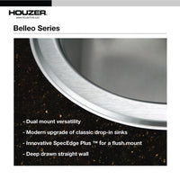 Thumbnail for Houzer Belleo 27 inch Stainless Steel Drop-in Topmount Single Bowl Kitchen Sink with Strainer & Grid
