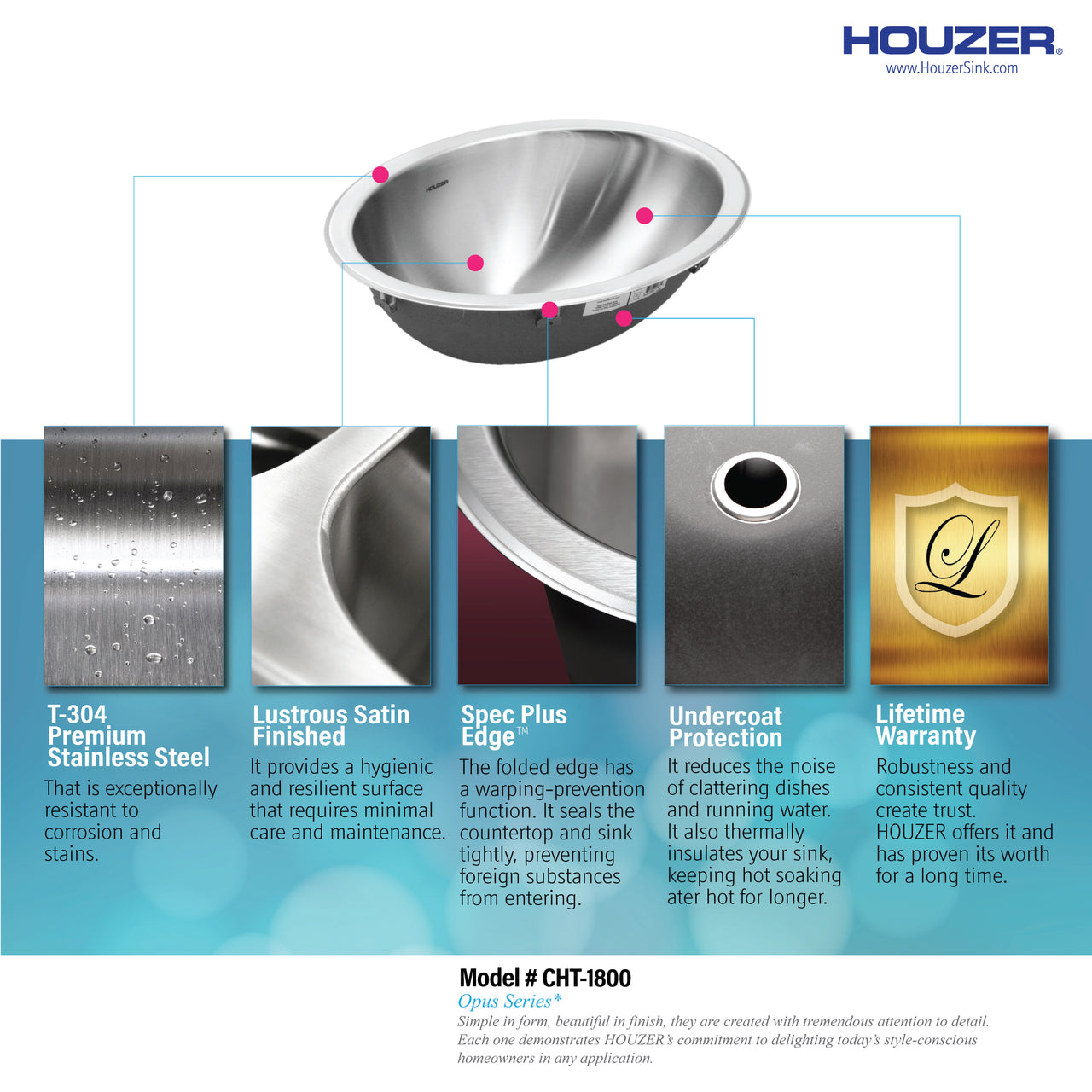 Houzer Opus 18 inch Stainless Steel Drop-in Oval Bathroom Sink without Overflow
