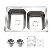 Thumbnail for Houzer Glowtone 33 inch Stainless Steel Drop-in Topmount 60/40 Double Bowl Kitchen Sink, Nested 20-Pack