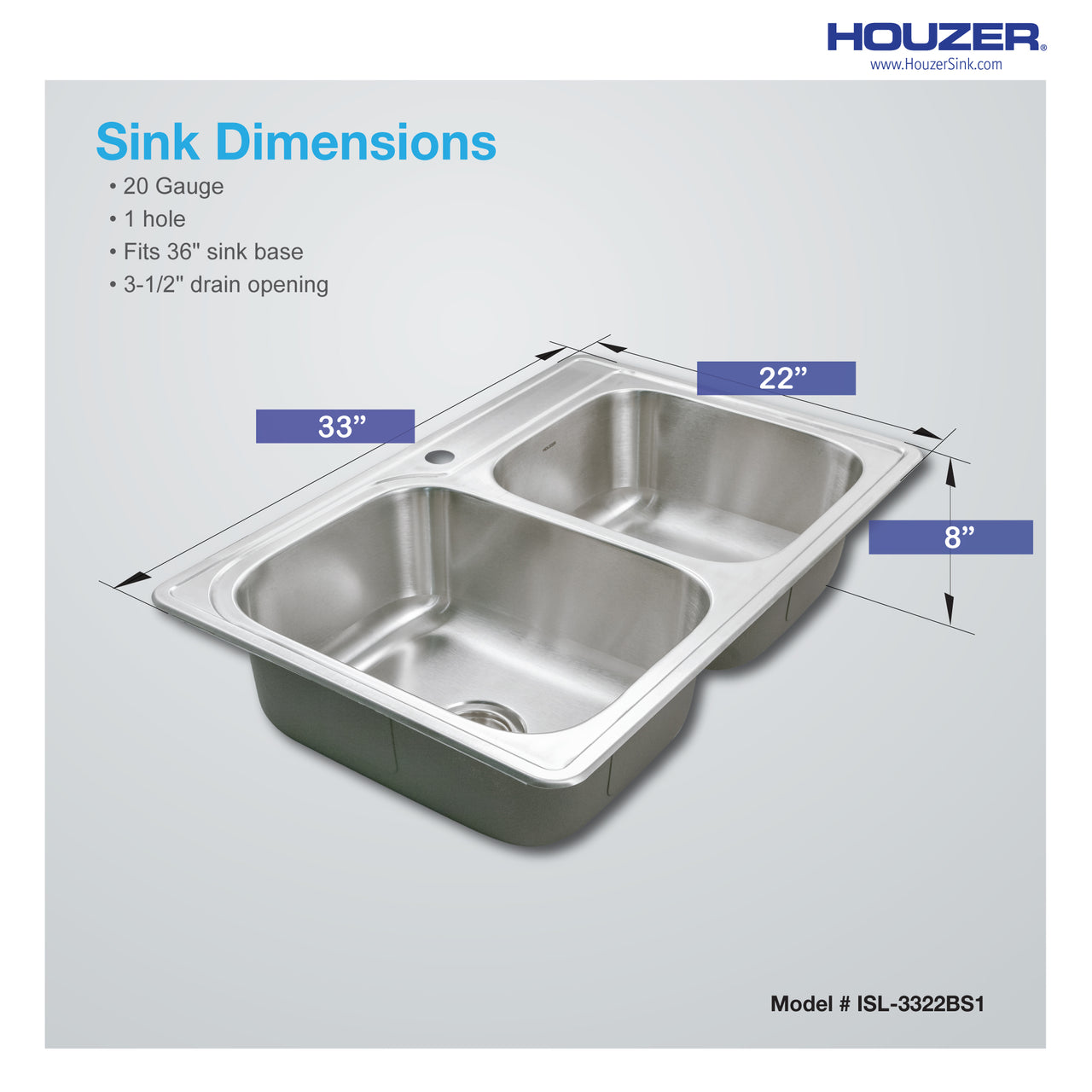 Houzer Glowtone 33 inch Stainless Steel Drop-in Topmount 60/40 Double Bowl Kitchen Sink, Nested 20-Pack