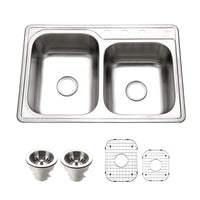 Thumbnail for Houzer Glowtone 33 inch Stainless Steel Drop-in Topmount 60/40 Double Bowl Kitchen Sink, Nested 20-Pack
