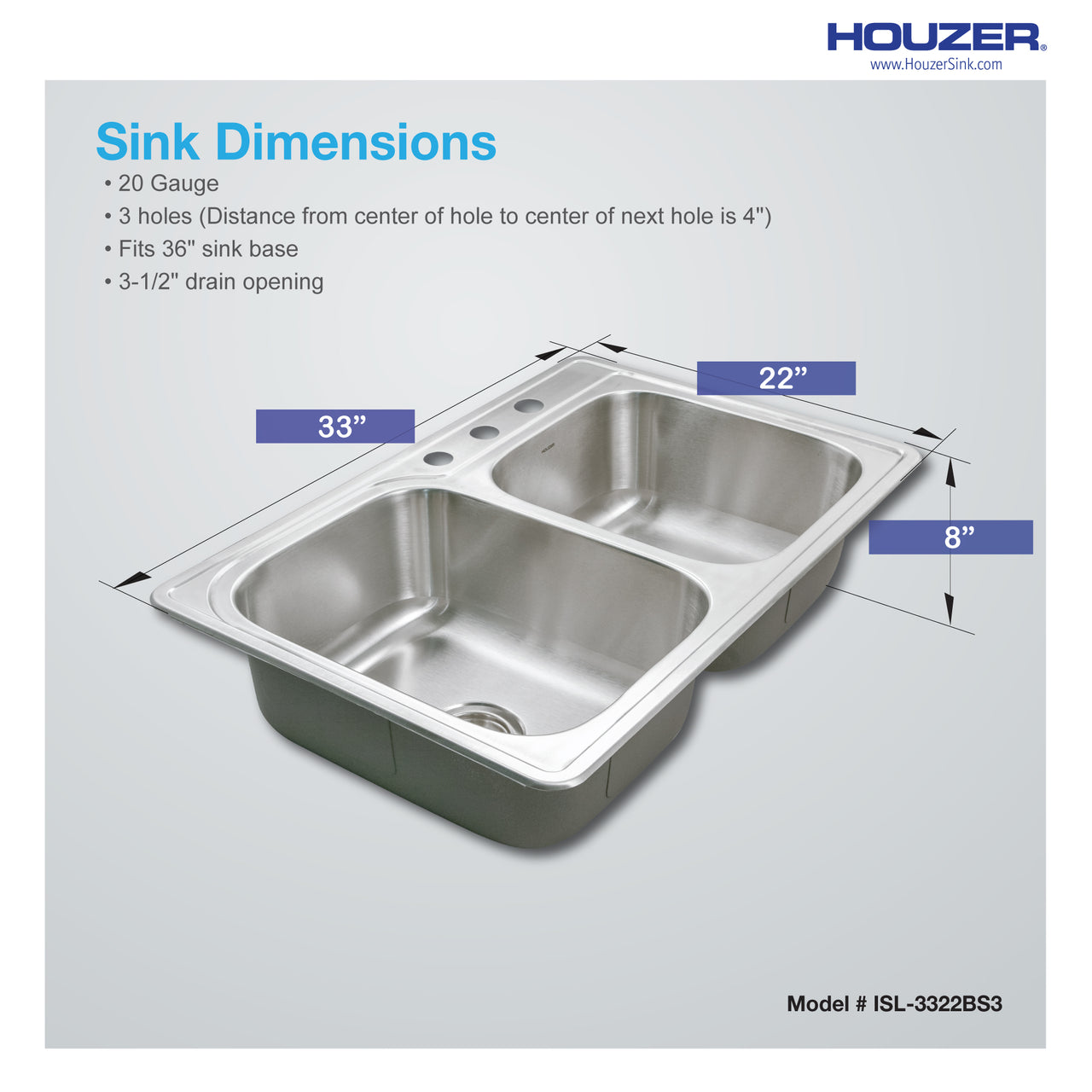 Houzer Glowtone 33 inch Stainless Steel Drop-in Topmount 60/40 Double Bowl Kitchen Sink, Nested 20-Pack