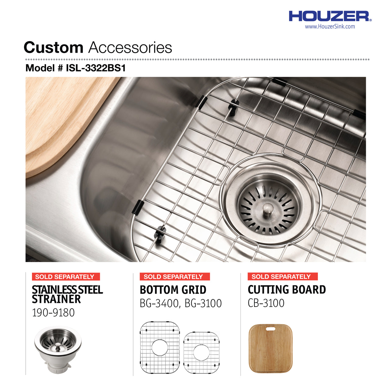 Houzer Glowtone 33" Stainless Steel Topmount 60/40 Double Bowl Kitchen Sink with Strainers & Grids