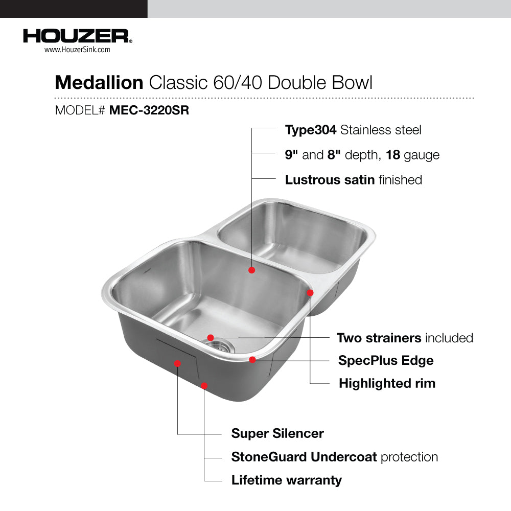 Houzer Medallion 32" Stainless Steel Undermount 60/40 Double Bowl Kitchen Sink with Small Bowl, Nested 20-Pack