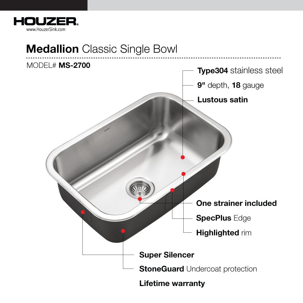 Houzer Medallion Designer 27 inch Stainless Steel Undermount Single D Bowl Kitchen Sink with Strainer