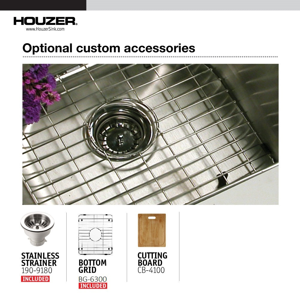 Houzer Nouvelle 31 inch Stainless Steel Undermount 50/50 Double Bowl Kitchen Sink with Strainer & Grid