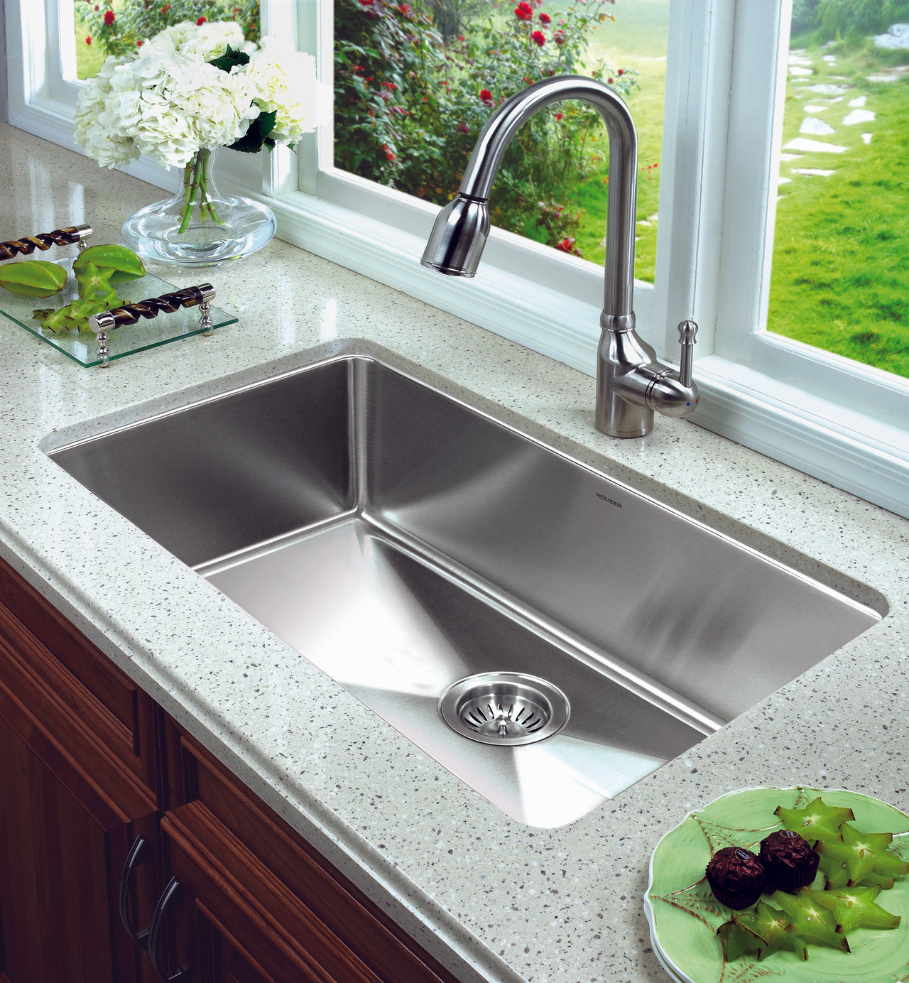 Houzer Nouvelle 31 inch Stainless Steel Undermount Single Bowl Kitchen Sink with Strainer & Grid