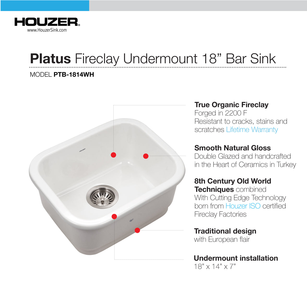 Houzer Platus 18 inch Fireclay Undermount Single Bowl Bar Sink with Strainer