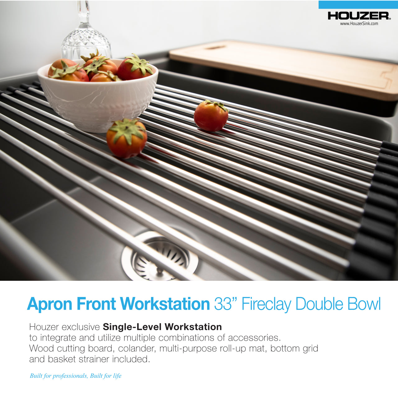 Houzer Aspire 33 inch Fireclay Farmhouse Apron Front 50/50 Double Bowl Workstation Sink with Accessories