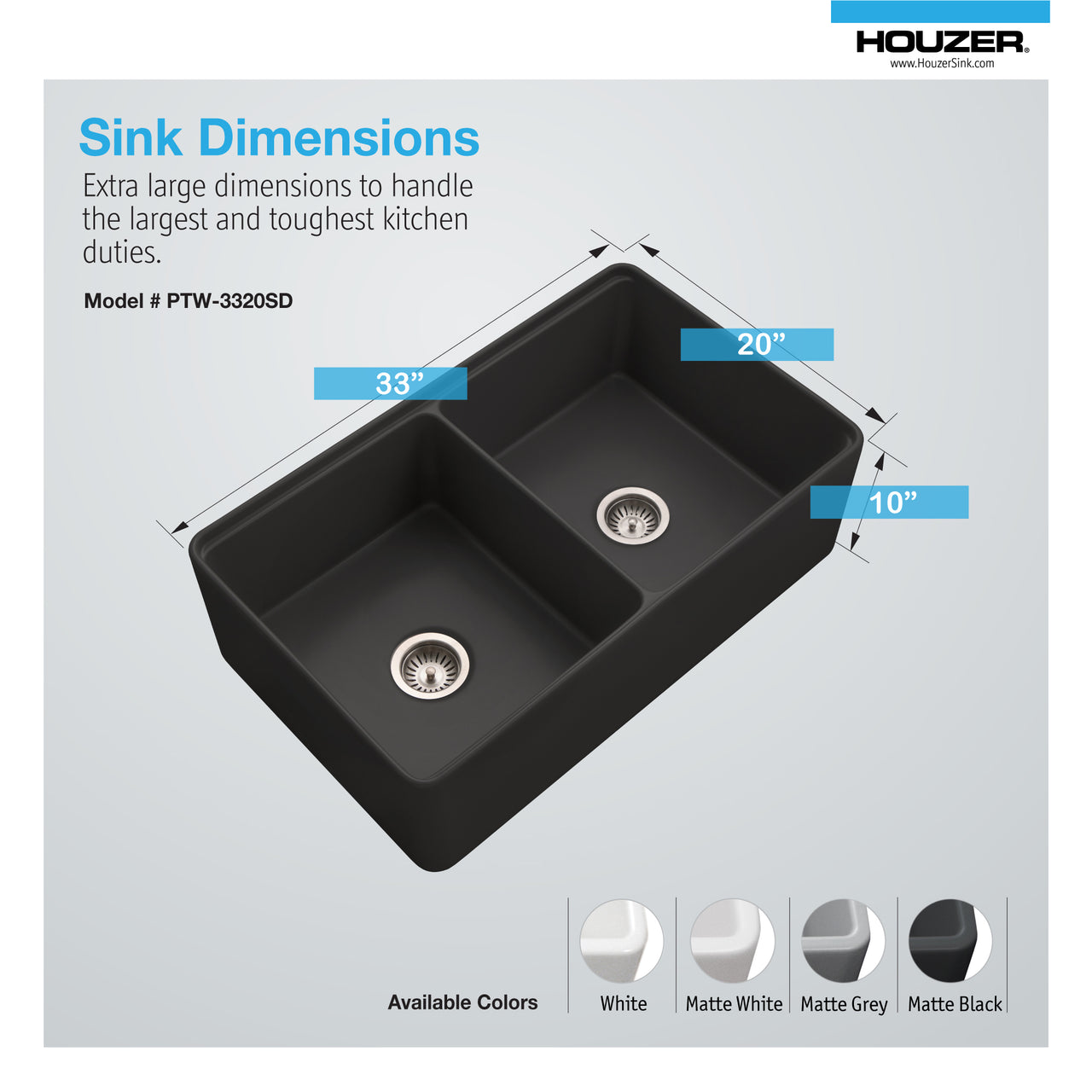 Houzer Aspire 33 inch Fireclay Farmhouse Apron Front 50/50 Double Bowl Workstation Sink with Accessories