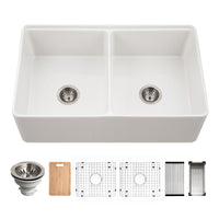 Thumbnail for Houzer Aspire 33 inch Fireclay Farmhouse Apron Front 50/50 Double Bowl Workstation Sink with Accessories