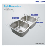 Thumbnail for Houzer Eston 31 inch Stainless Steel Undermount 50/50 Double Bowl Kitchen Sink with Strainer & Bottom Grid