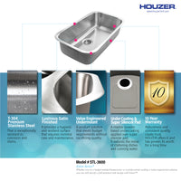 Thumbnail for Houzer Eston Stainless Steel Undermount Single Bowl Kitchen Sink with Strainer & Bottom Grid