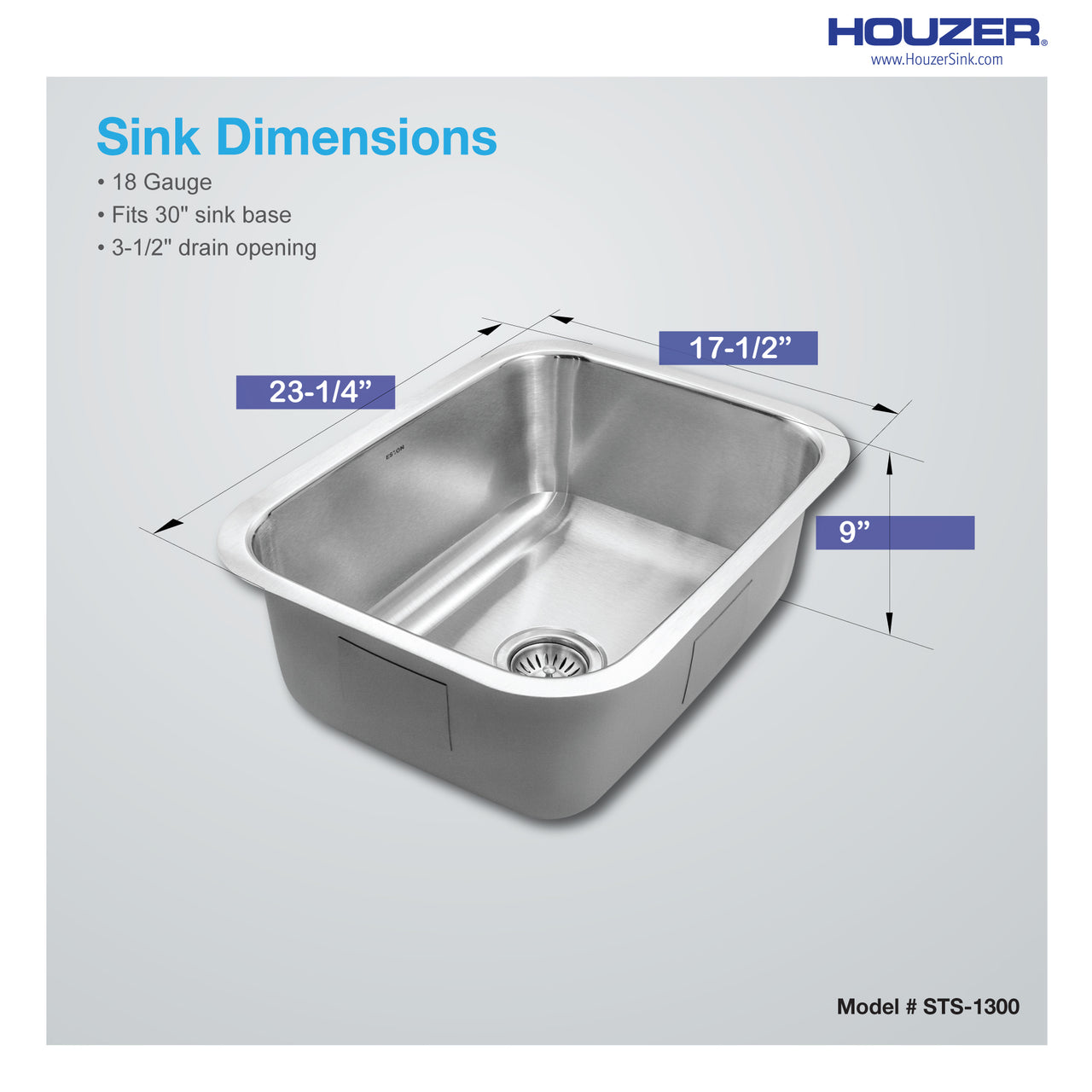 Houzer Eston Stainless Steel Undermount Single Bowl Kitchen Sink with Strainer & Bottom Grid