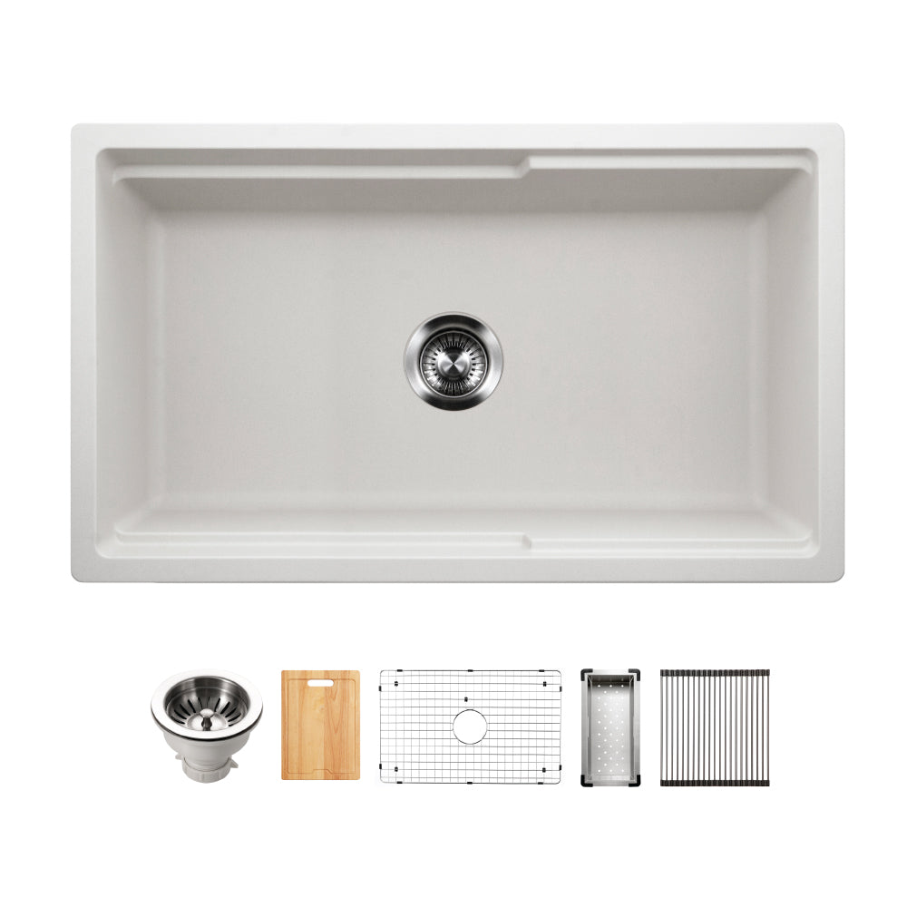 Houzer Quartztone 33" Apron Front Farmhouse Granite Composite Workstation Kitchen Sink with Accessories