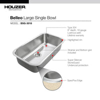 Thumbnail for Houzer Belleo 32 inch Stainless Steel Drop-in Topmount Single Bowl Kitchen Sink with Strainer & Grid