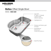 Thumbnail for Houzer Belleo 32 inch Stainless Steel Drop-in Topmount Single Bowl Offset Kitchen Sink with Strainer & Grid