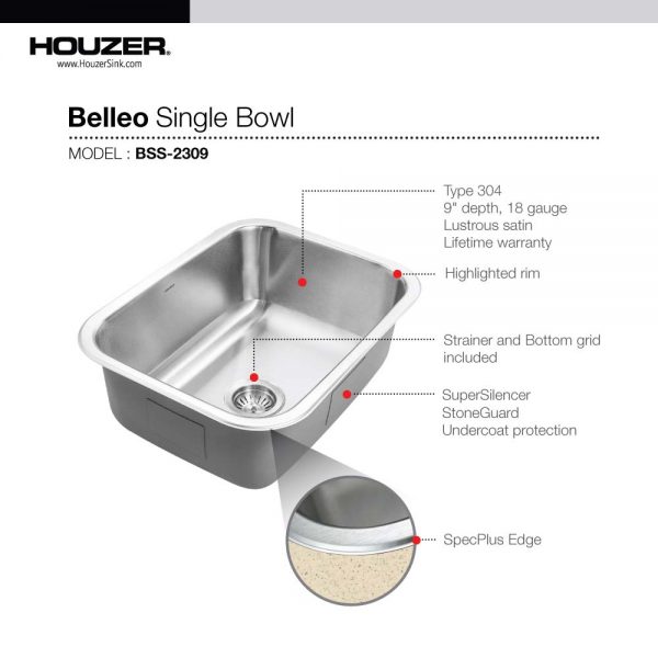 Houzer Belleo 23 inch Stainless Steel Drop-in Topmount Single Bowl Kitchen Sink with Strainer & Grid