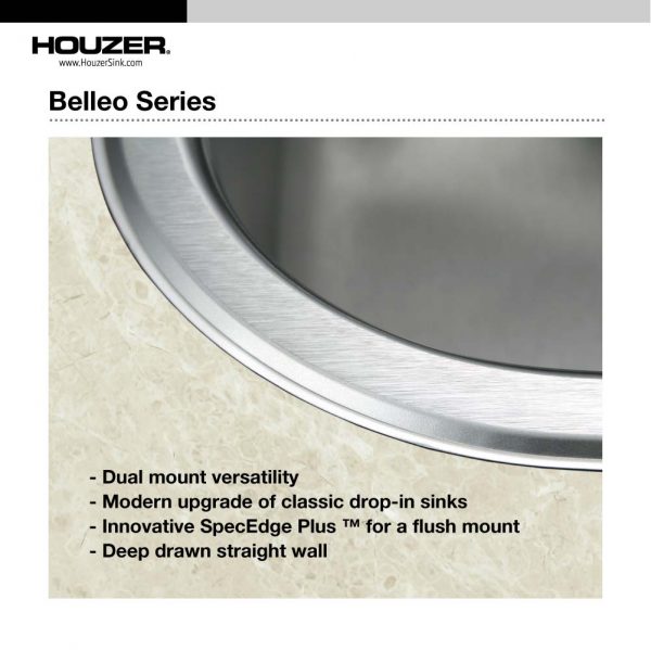 Houzer Belleo 23 inch Stainless Steel Drop-in Topmount Single Bowl Kitchen Sink with Strainer & Grid