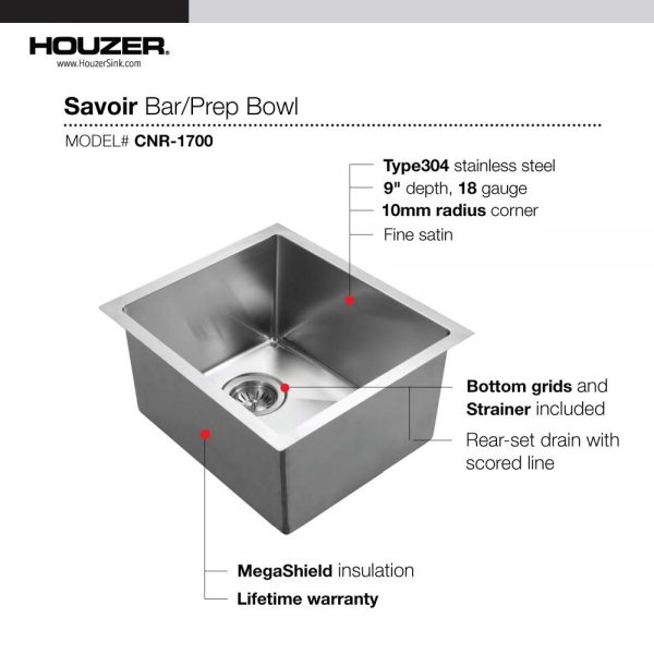 Houzer Savoir Stainless Steel Undermount Bowl Bar/Prep Kitchen Sink with Strainer & Grid
